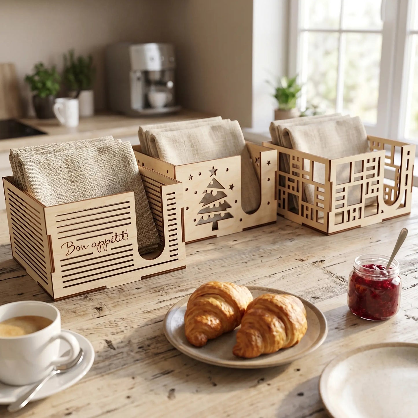 Three laser cut plywood napkin holders with "Bon appetit" and star patterns on a sunlit table near coffee and croissants