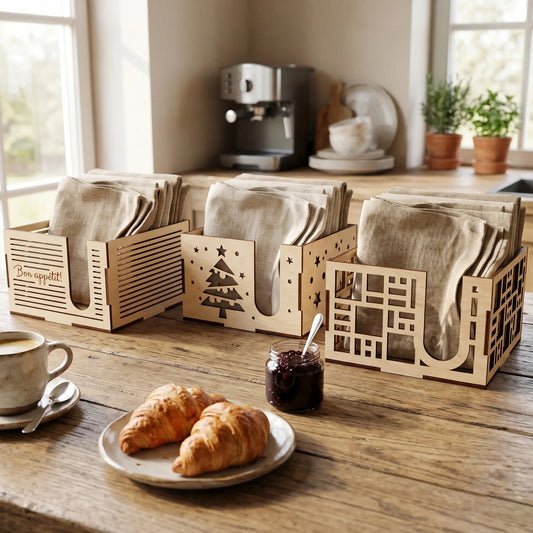 Set of three laser cut plywood napkin holders in an airy kitchen featuring geometric and Christmas tree cutout designs