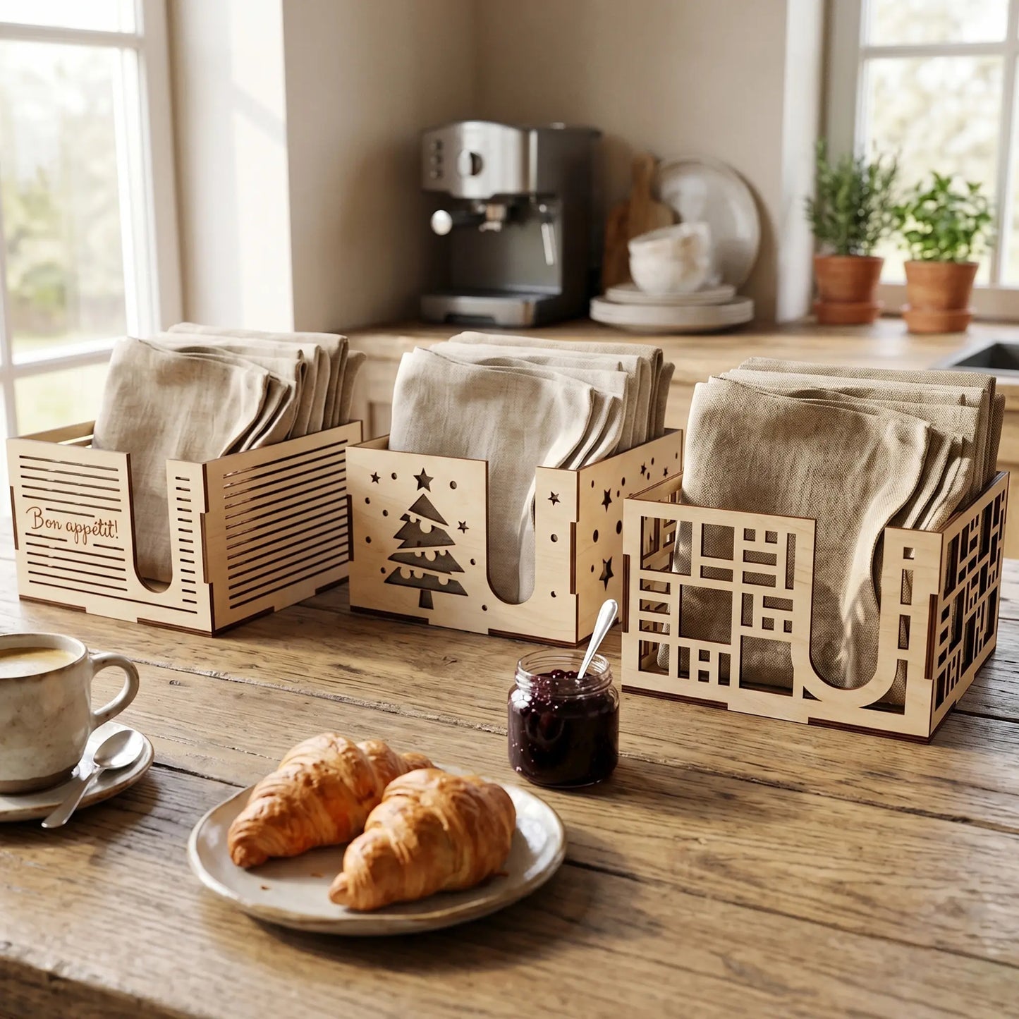 Set of three laser cut plywood napkin holders in an airy kitchen featuring geometric and Christmas tree cutout designs