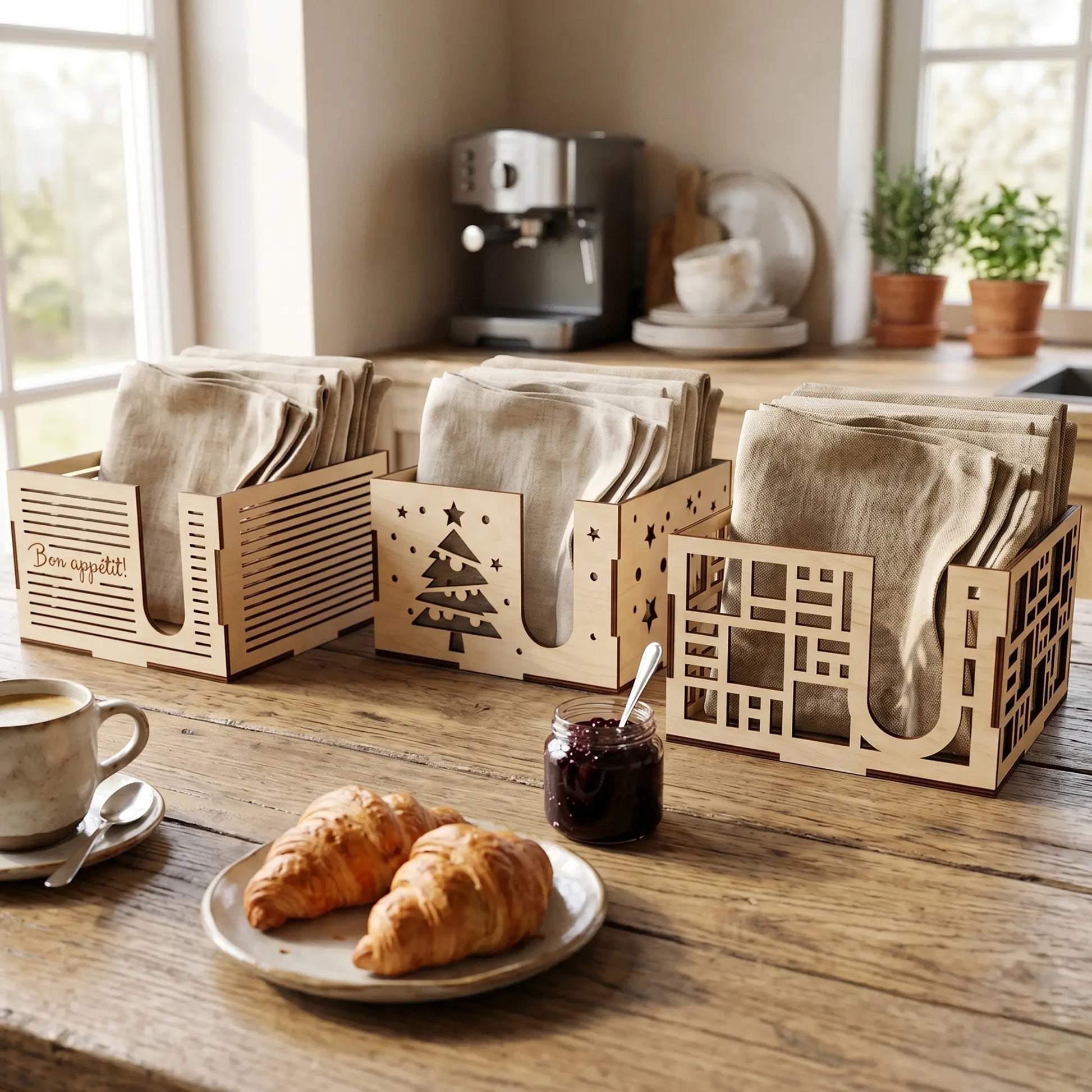 Set of three laser cut plywood napkin holders in an airy kitchen featuring geometric and Christmas tree cutout designs