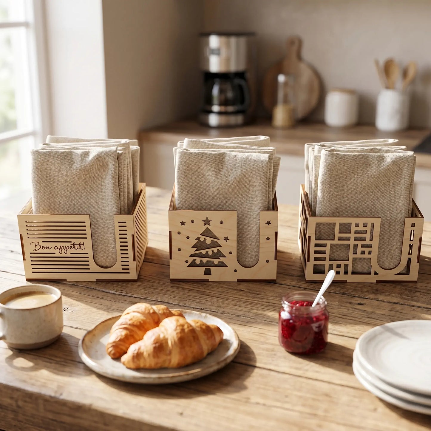 Three laser cut plywood napkin holders with "Bon appetit" and tree motifs on a breakfast table with croissants and jam set