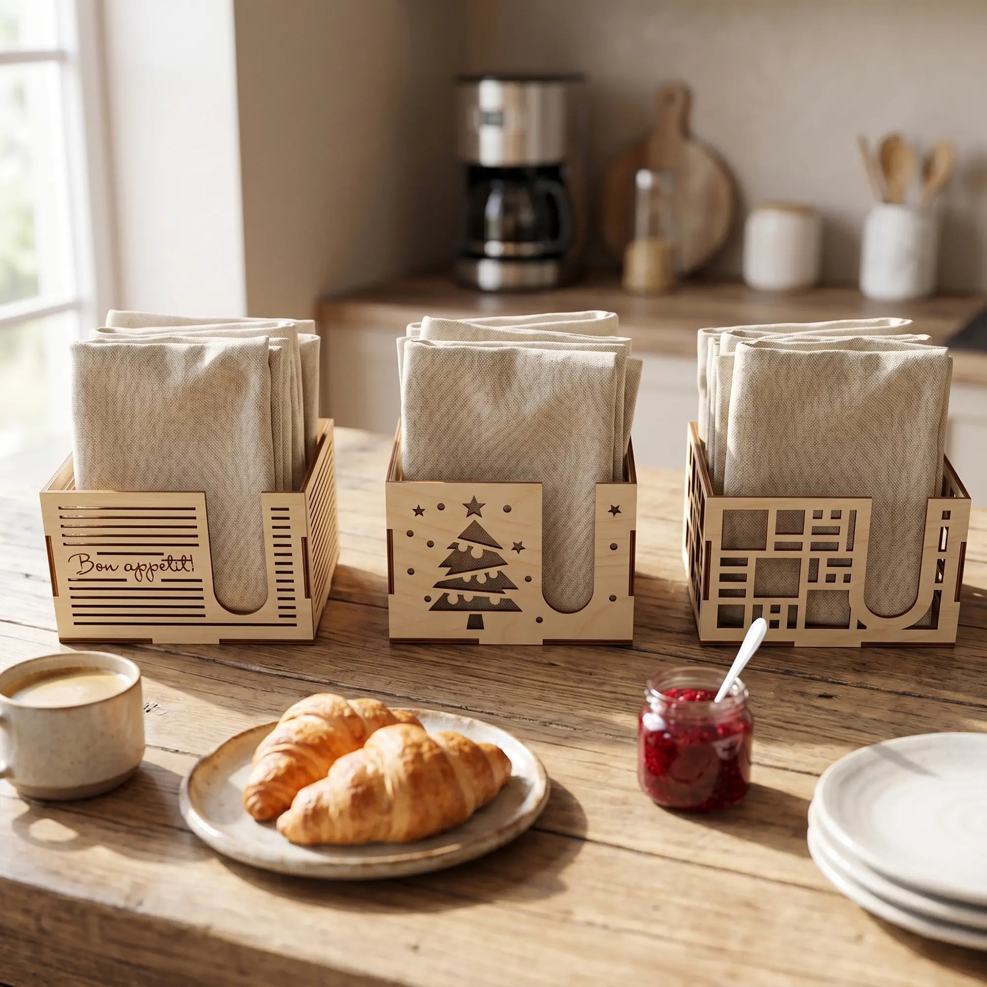 Three laser cut plywood napkin holders with "Bon appetit" and tree motifs on a breakfast table with croissants and jam set