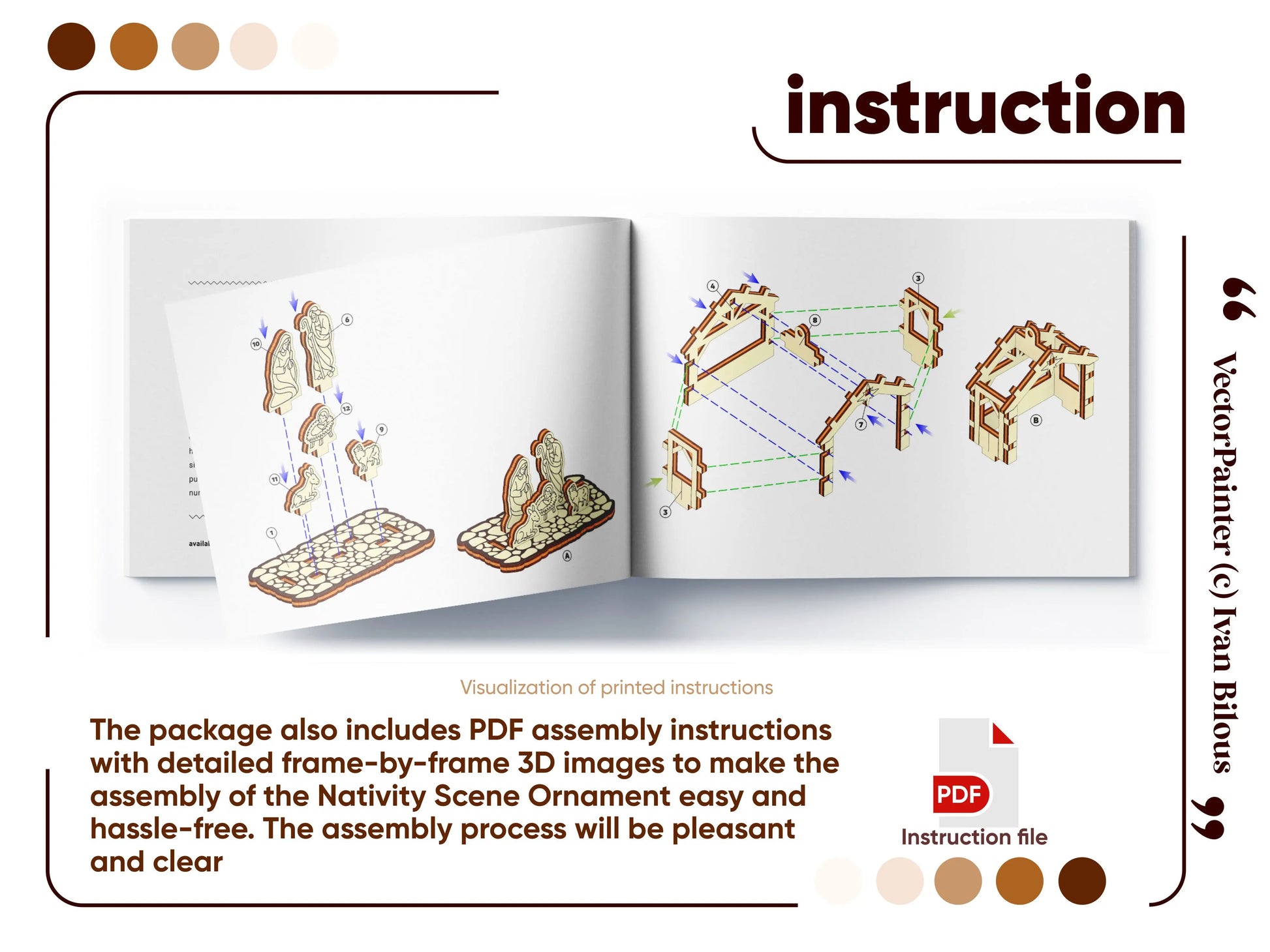 Comprehensive assembly instruction manual preview showing clear step-by-step 3D diagram pages for laser cut plywood