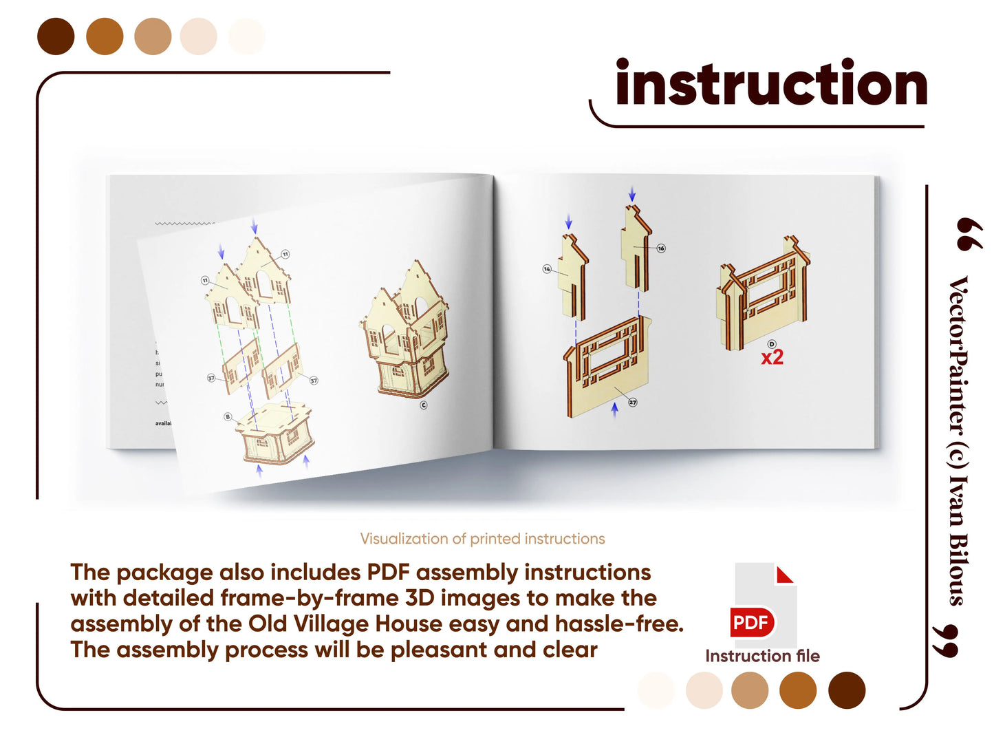 A graphic layout of an open PDF assembly manual showing detailed 3D step-by-step diagrams for a laser cut plywood house.