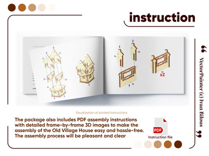 A graphic layout of an open PDF assembly manual showing detailed 3D step-by-step diagrams for a laser cut plywood house.