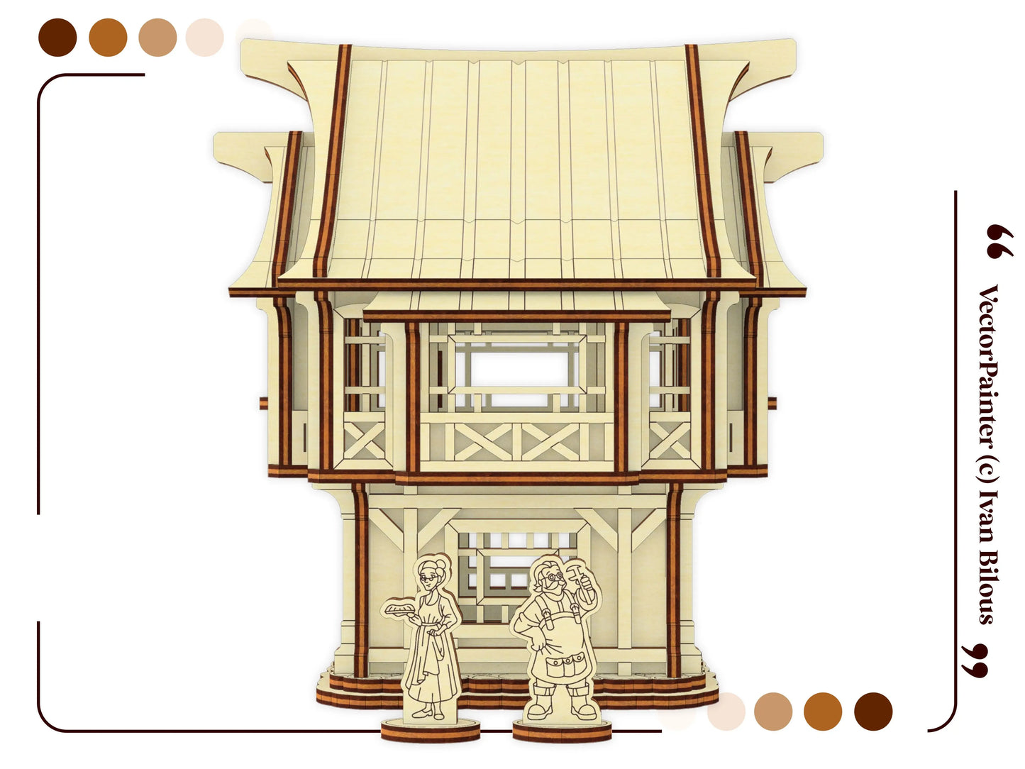 Two detailed 3D graphic render views showing the front entrance and engraved blooming tree sides of a laser cut plywood house.