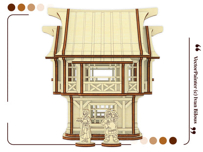 Two detailed 3D graphic render views showing the front entrance and engraved blooming tree sides of a laser cut plywood house.
