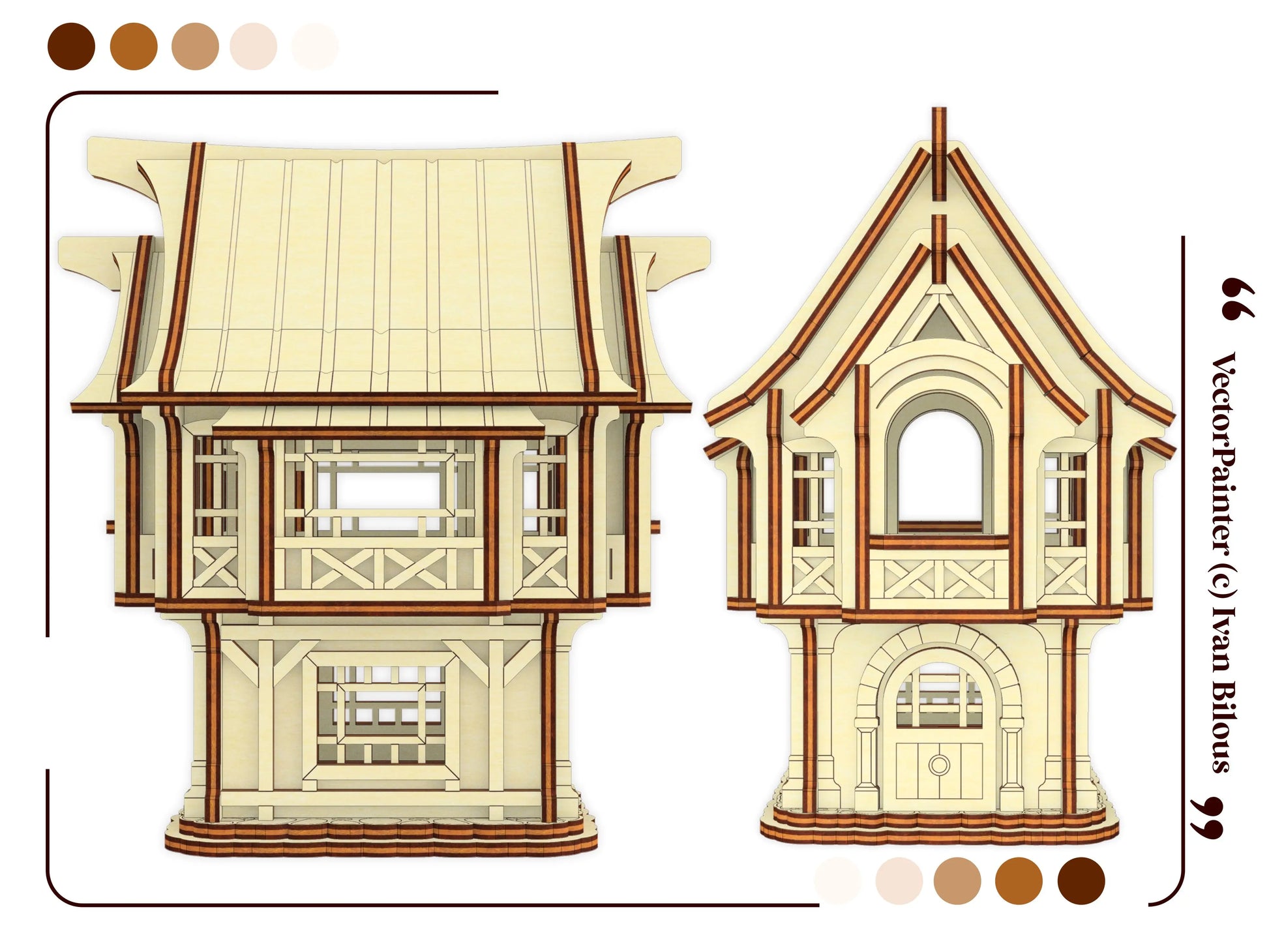 Exploded 3D graphic diagram illustrating a detachable roof panel and internal rooms of a laser cut plywood village dollhouse.