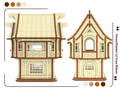 Exploded 3D graphic diagram illustrating a detachable roof panel and internal rooms of a laser cut plywood village dollhouse.