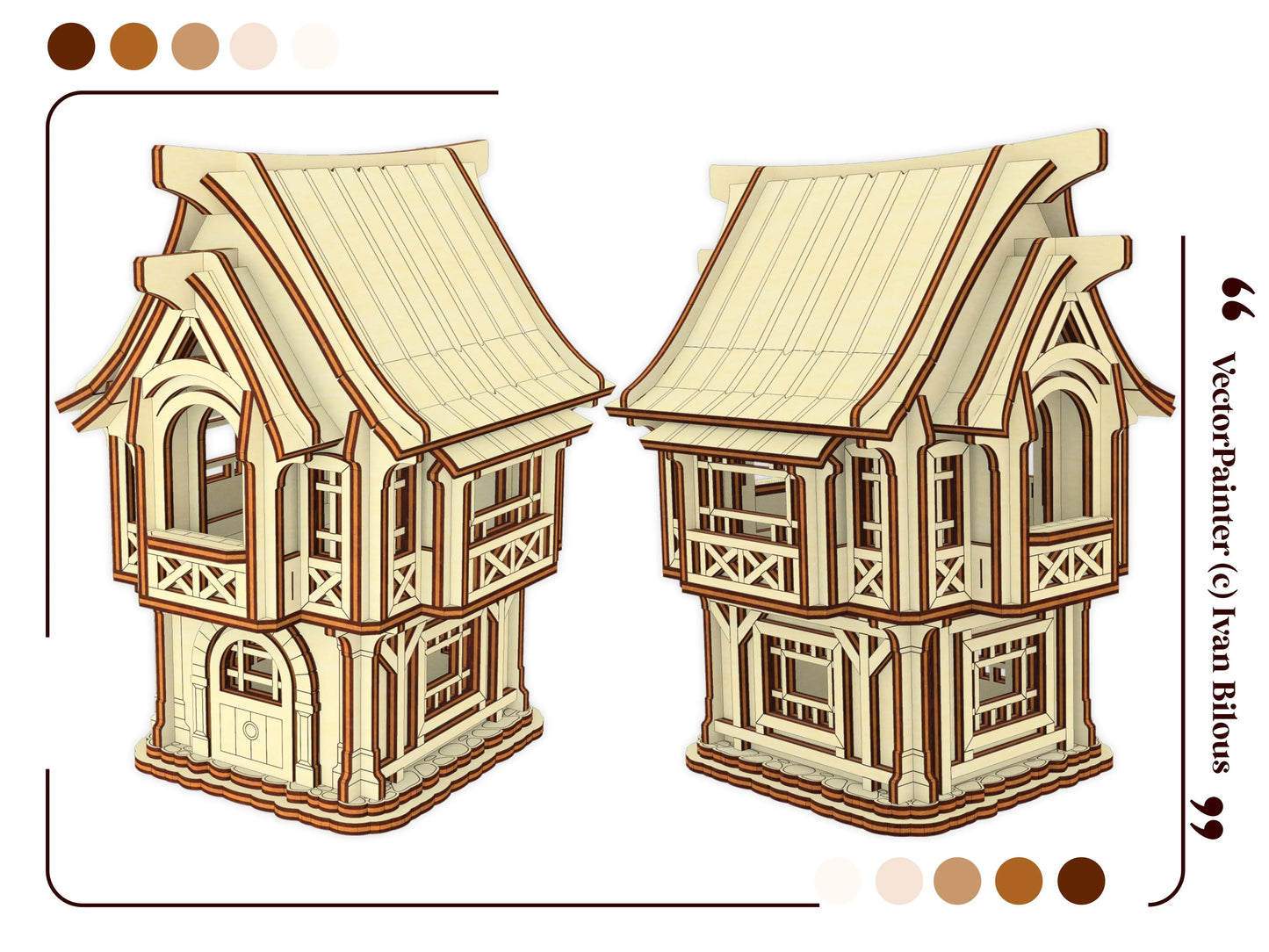 Two detailed miniature wooden villager figures on oval bases, designed as part of a laser cut plywood village house project.