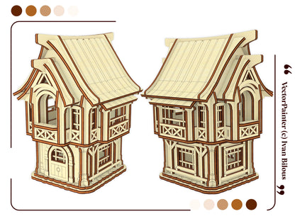 Two detailed miniature wooden villager figures on oval bases, designed as part of a laser cut plywood village house project.