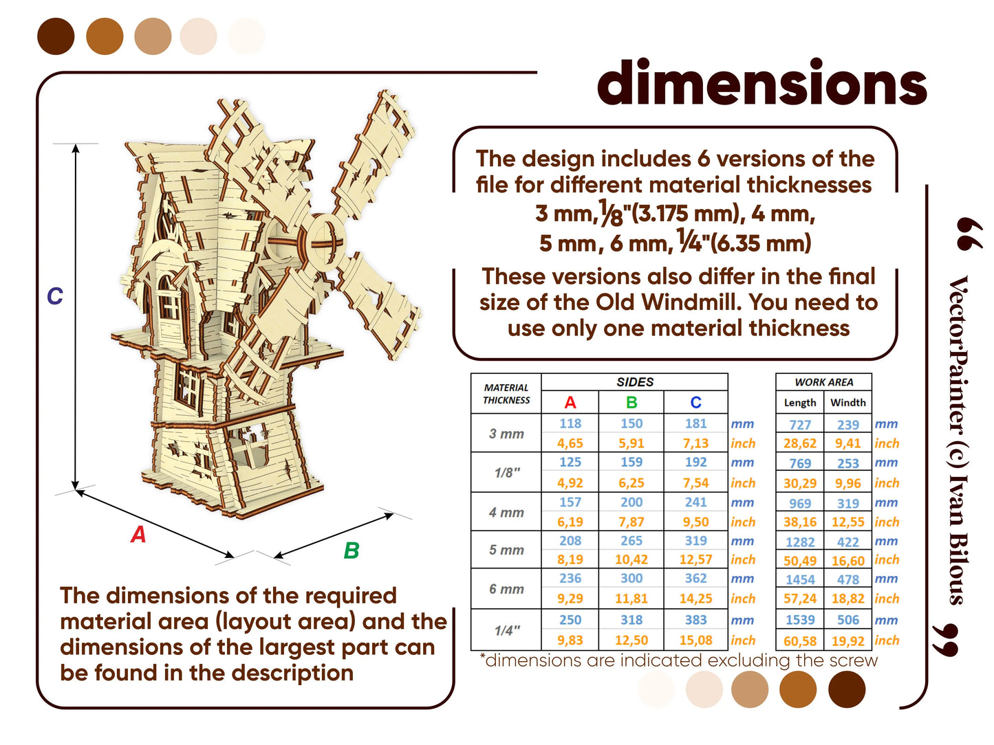 Official technical dimension guide infographic layout with a detailed size chart table for a laser cut plywood windmill.