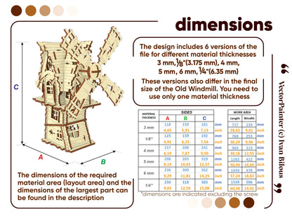 Official technical dimension guide infographic layout with a detailed size chart table for a laser cut plywood windmill.