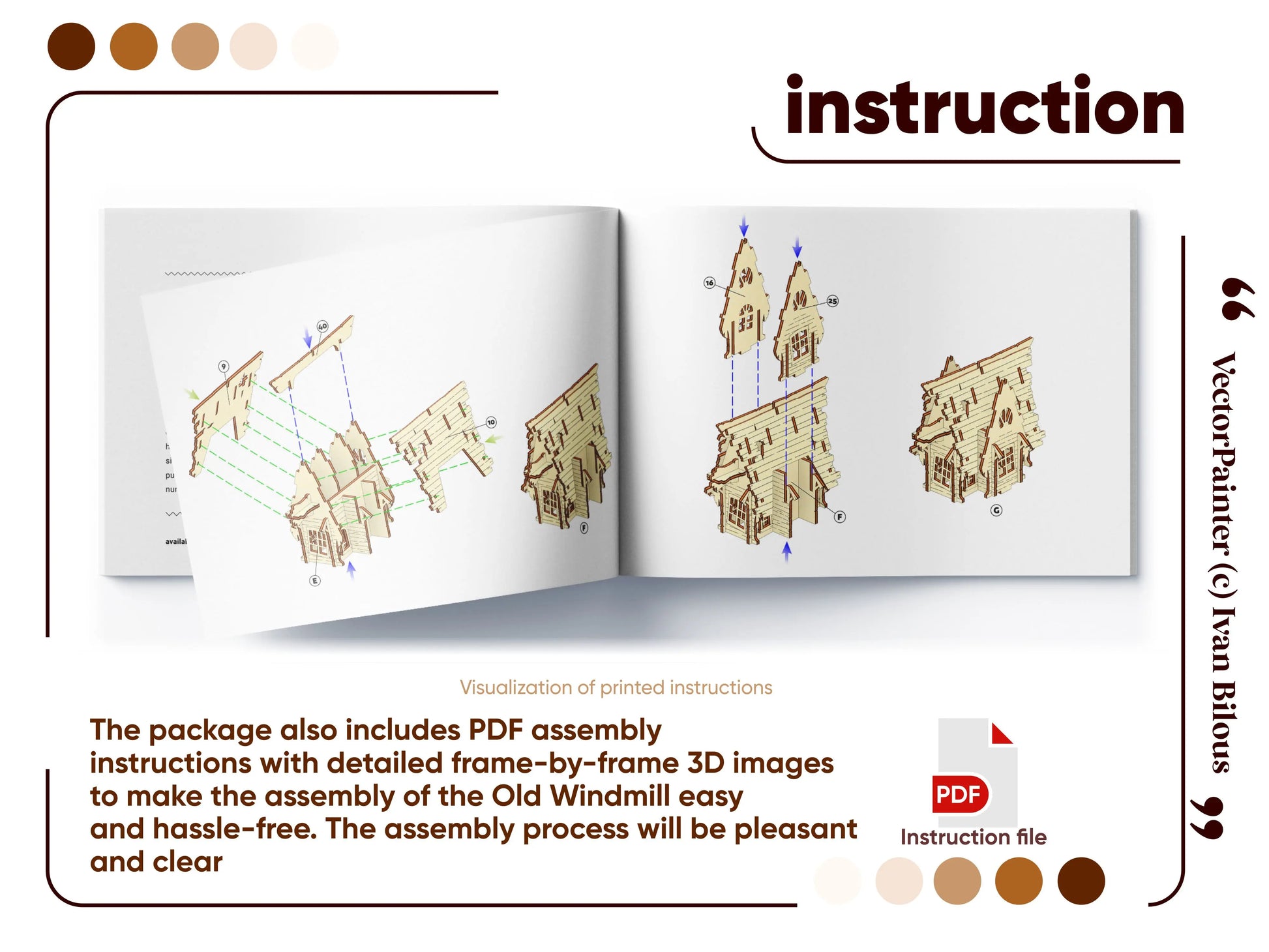 An open assembly instruction manual booklet featuring detailed step-by-step 3D diagrams for a laser cut plywood windmill.