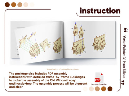 An open assembly instruction manual booklet featuring detailed step-by-step 3D diagrams for a laser cut plywood windmill.