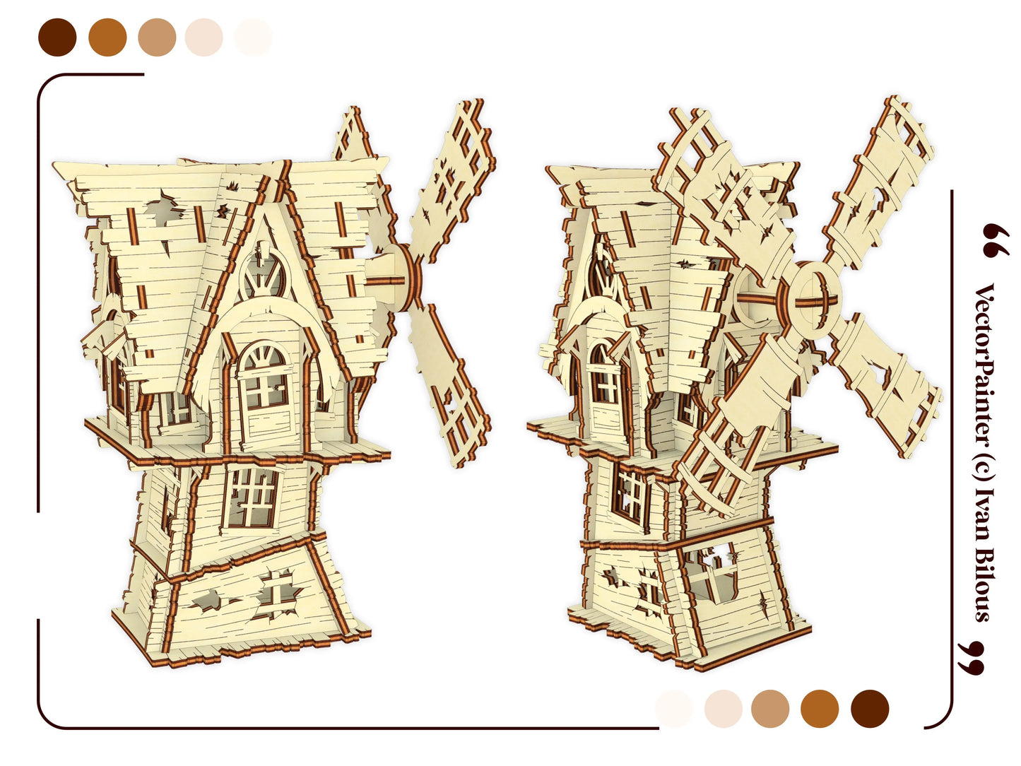Flat template vector graphic showcasing orthographic straight front and side elevation views of a laser cut plywood mill.