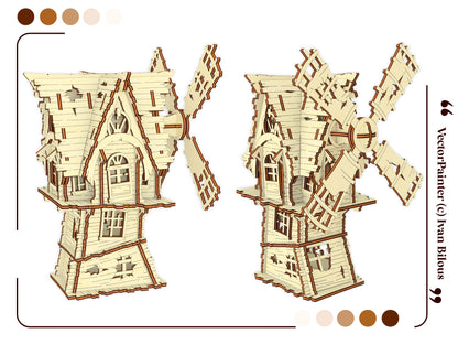 Flat template vector graphic showcasing orthographic straight front and side elevation views of a laser cut plywood mill.