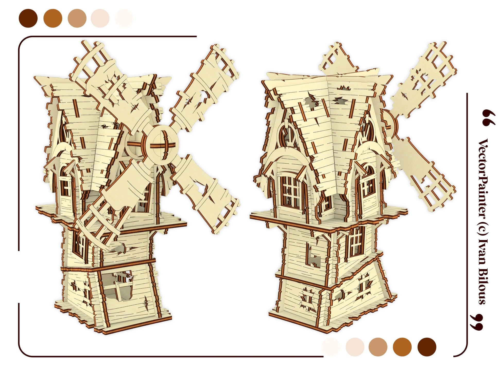 A digital vector presentation page showing an assembled miniature classic windmill house base in durable laser cut plywood.