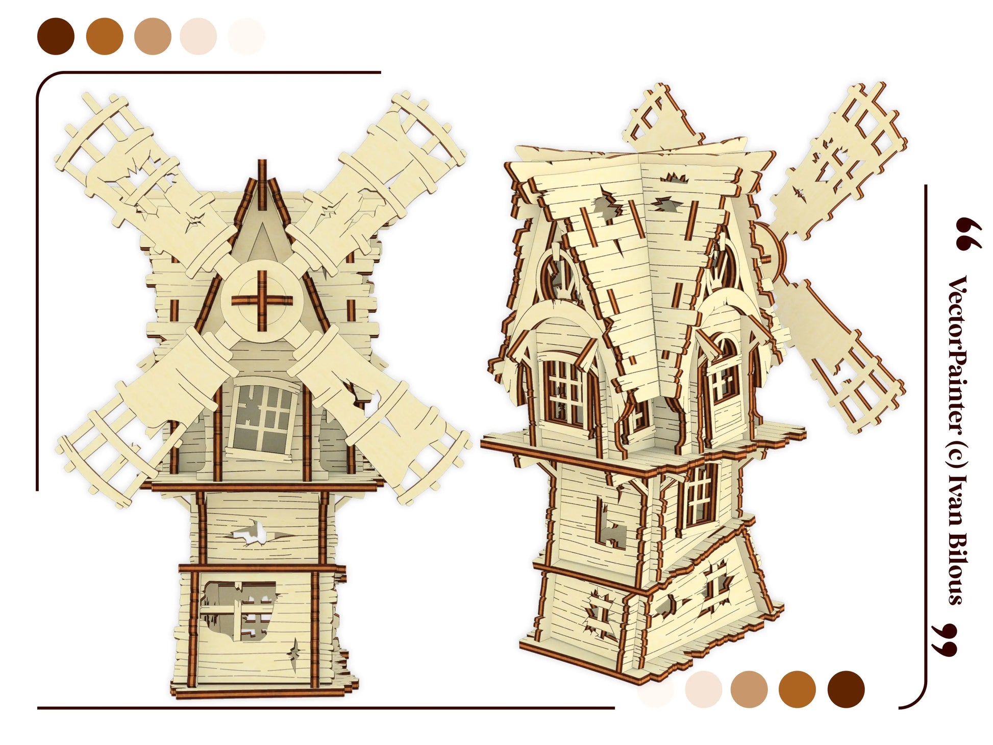 Detailed vector layout template graphic page displaying an assembled miniature classic windmill made of laser cut plywood.