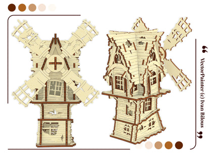 Detailed vector layout template graphic page displaying an assembled miniature classic windmill made of laser cut plywood.