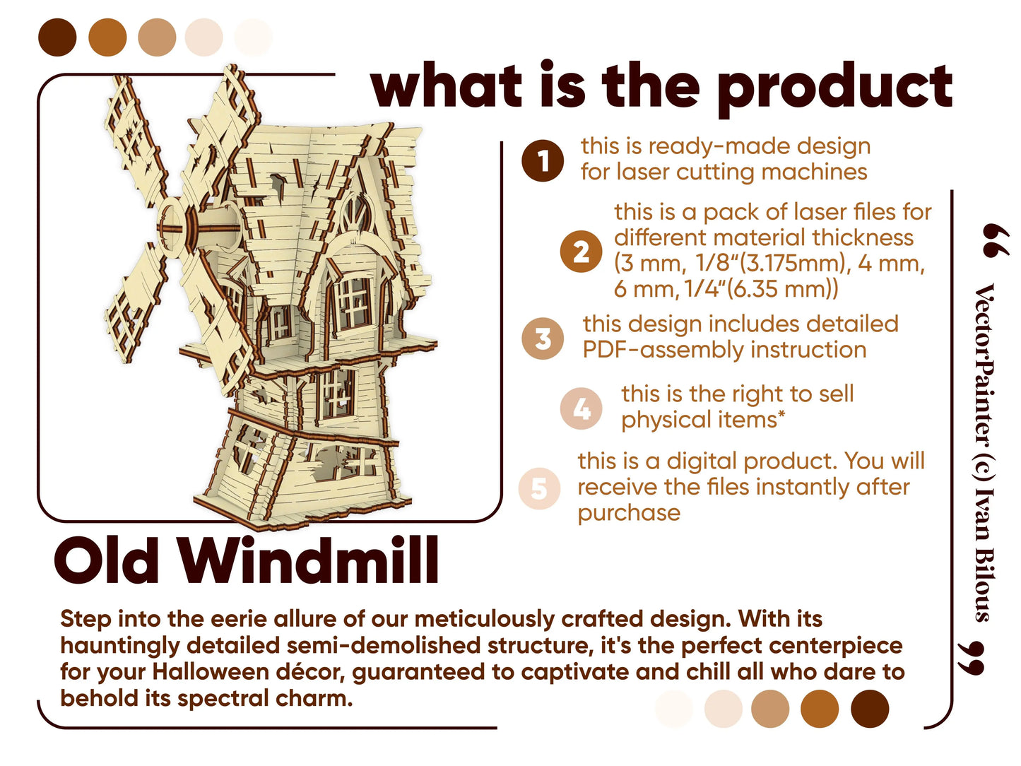 Product details marketing infographic layout containing a detailed specs features list for a laser cut plywood windmill.