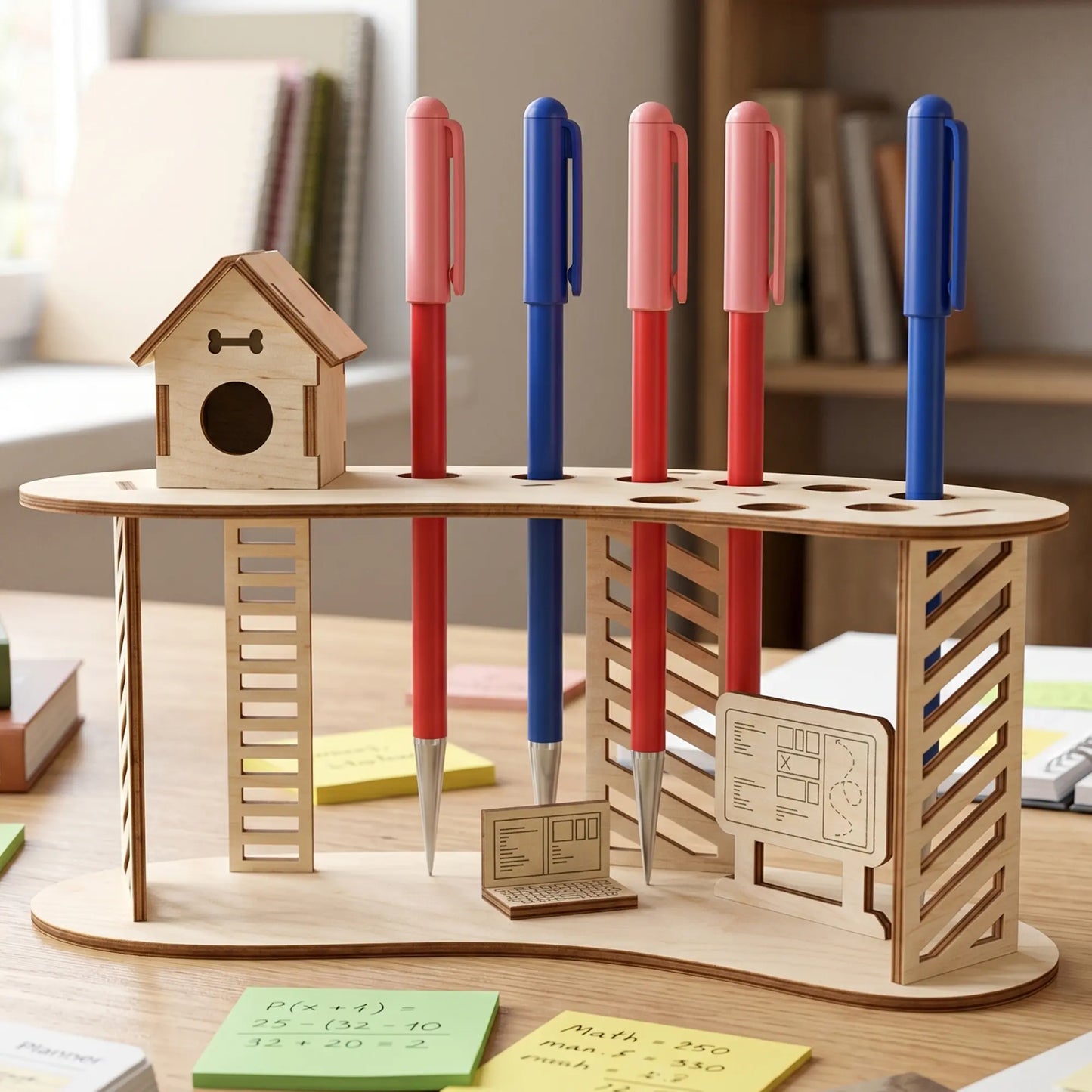 Ornate laser cut plywood desk organizer with a miniature house and ladders, holding pens on a desk with math sticky notes