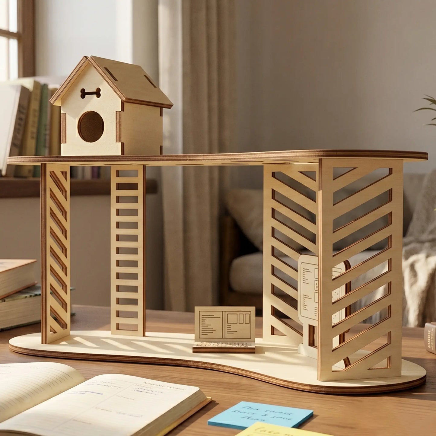 Laser cut plywood desk organizer stand featuring a top shelf with a tiny dog house, slotted sides, and a mini wooden book