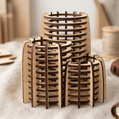 Close-up of a ribbed laser cut plywood pen holder showing wood grain layers on a linen cloth in a rustic lifestyle studio