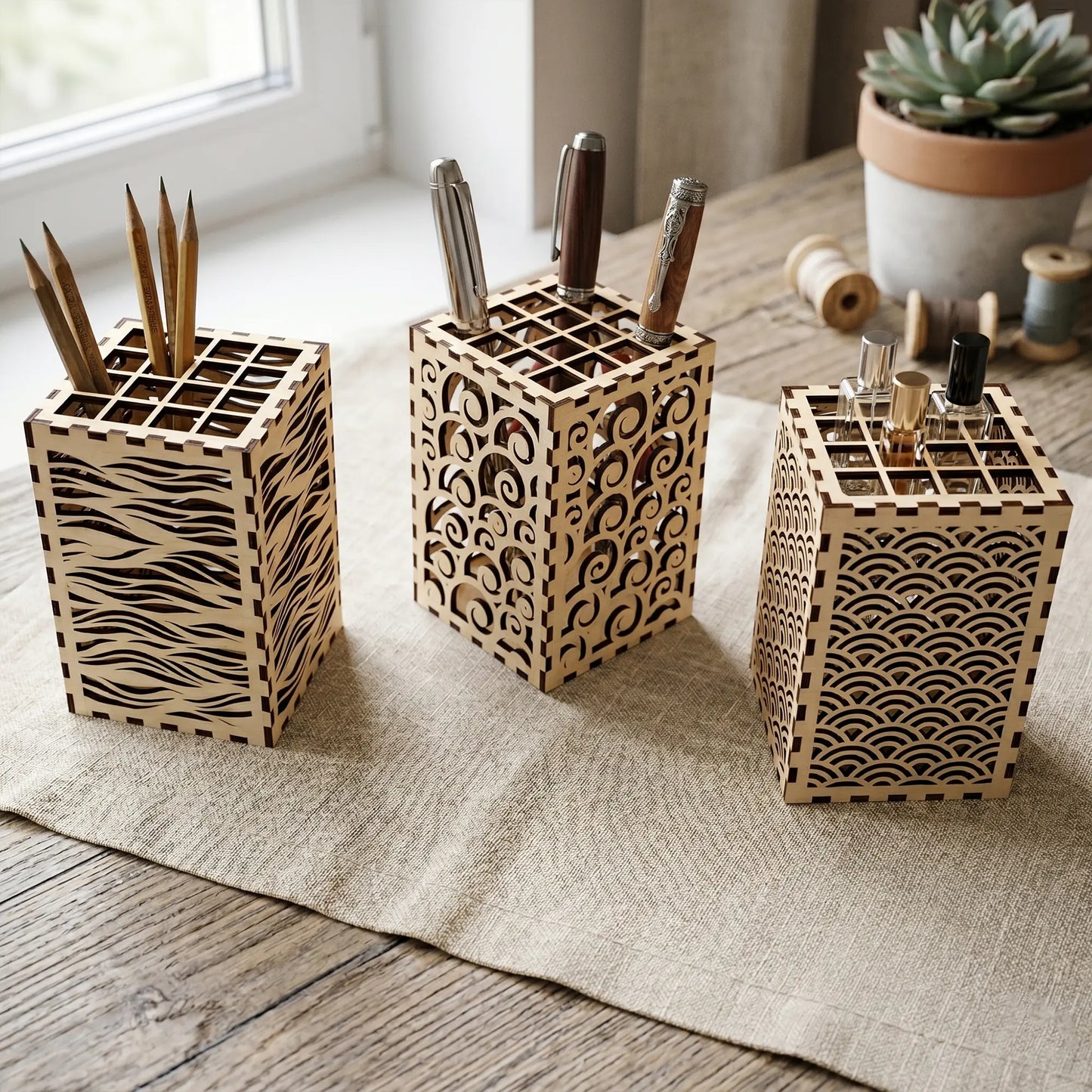 Laser cut plywood pencil holder with intricate spiral patterns, rectangular design, on a rustic wooden desk near old books.