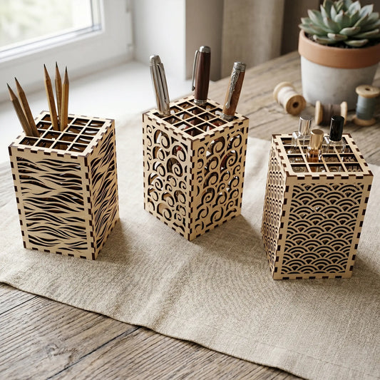Laser cut plywood pencil holder with intricate spiral patterns, rectangular design, on a rustic wooden desk near old books.