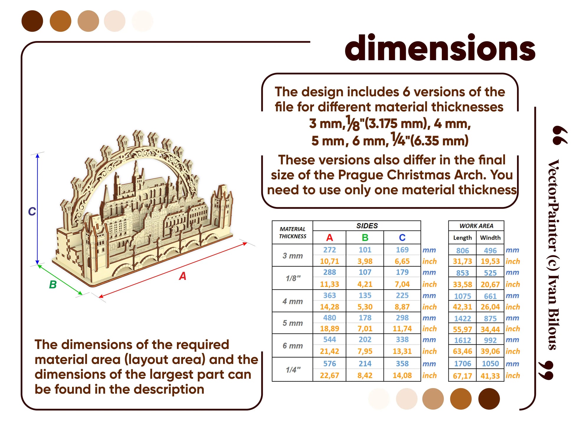 Comprehensive technical dimension guide infographic layout with a detailed size chart table for a laser cut plywood arch.
