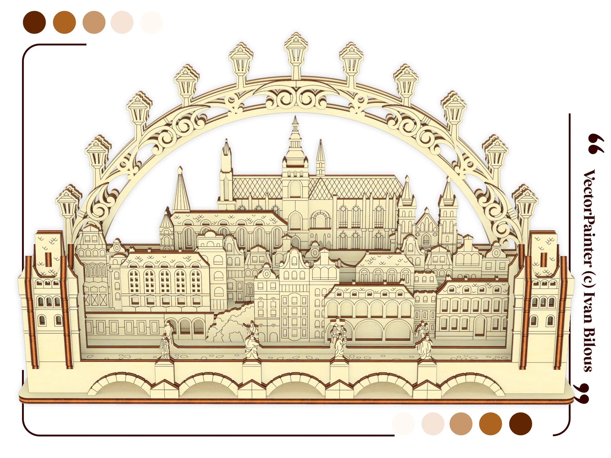 Beautiful straight front vector elevation view of an intricate Prague town village arch centerpiece in laser cut plywood.