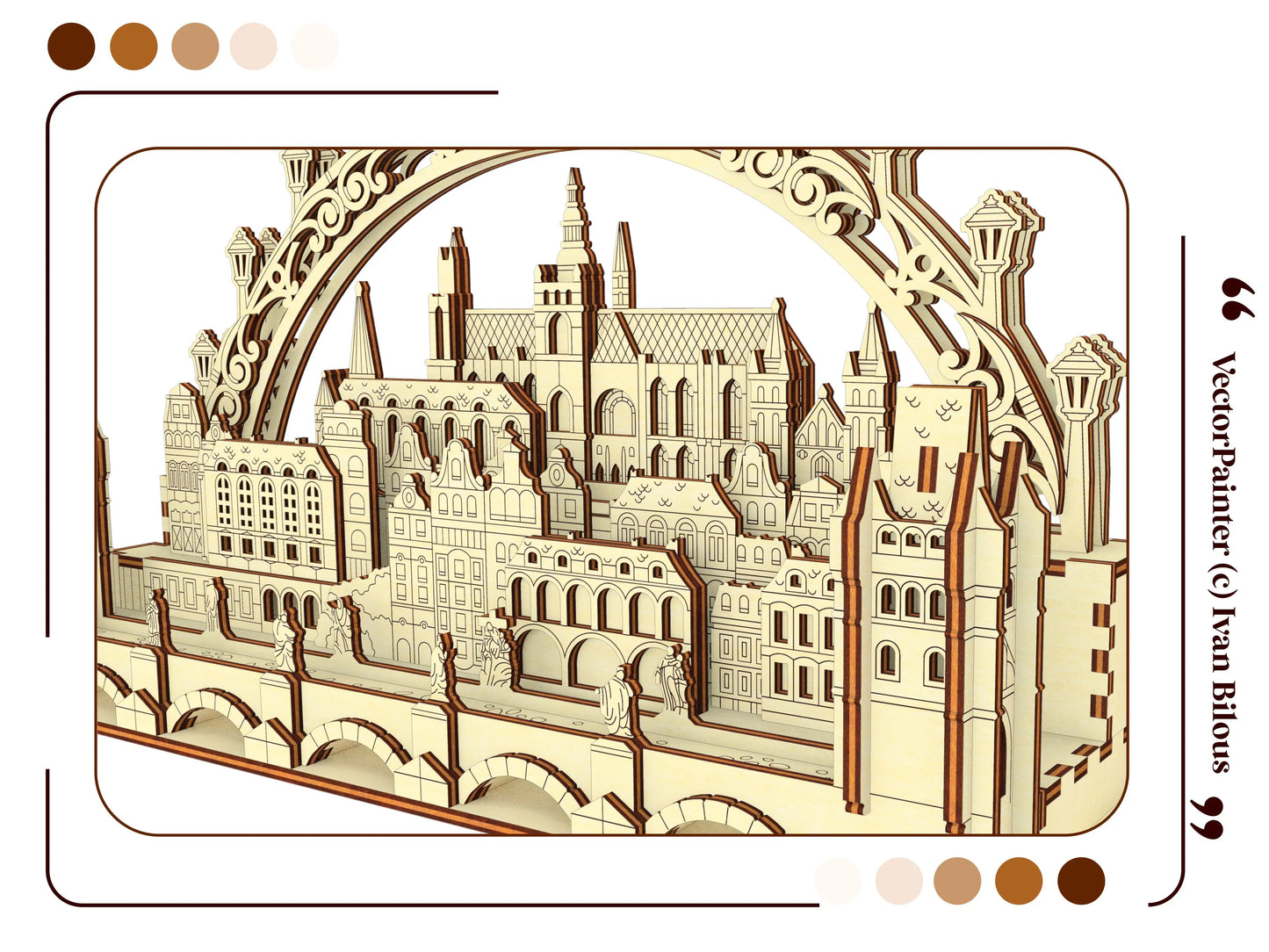 Decorative template graphic showcasing both front and back perspective views of a beautiful laser cut plywood Prague arch.