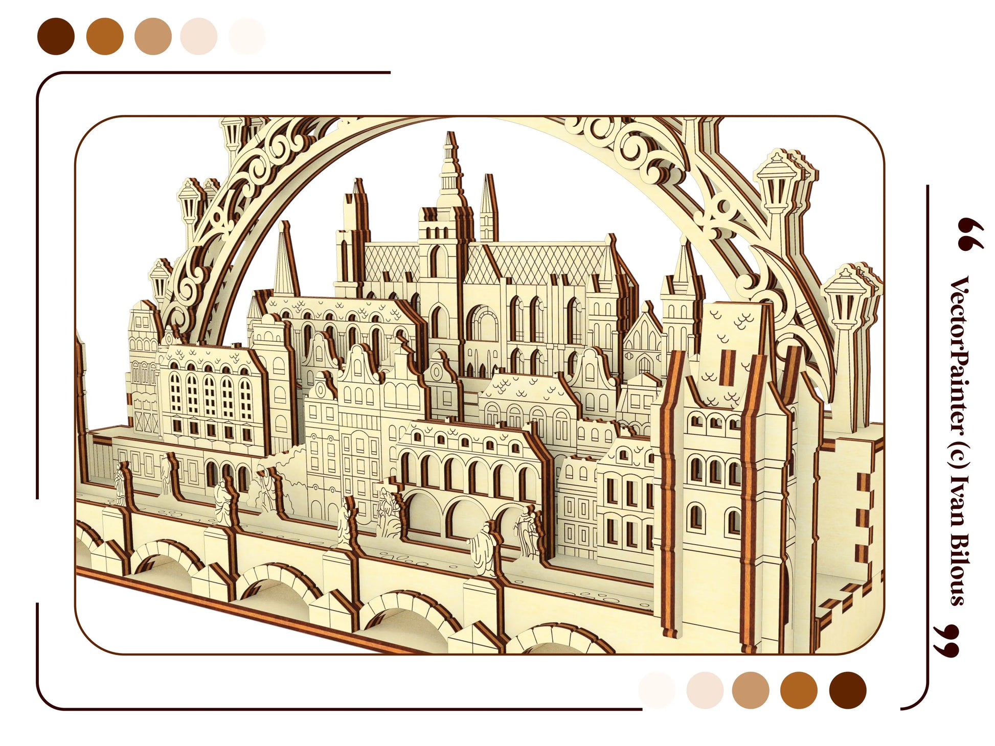 Decorative template graphic showcasing both front and back perspective views of a beautiful laser cut plywood Prague arch.