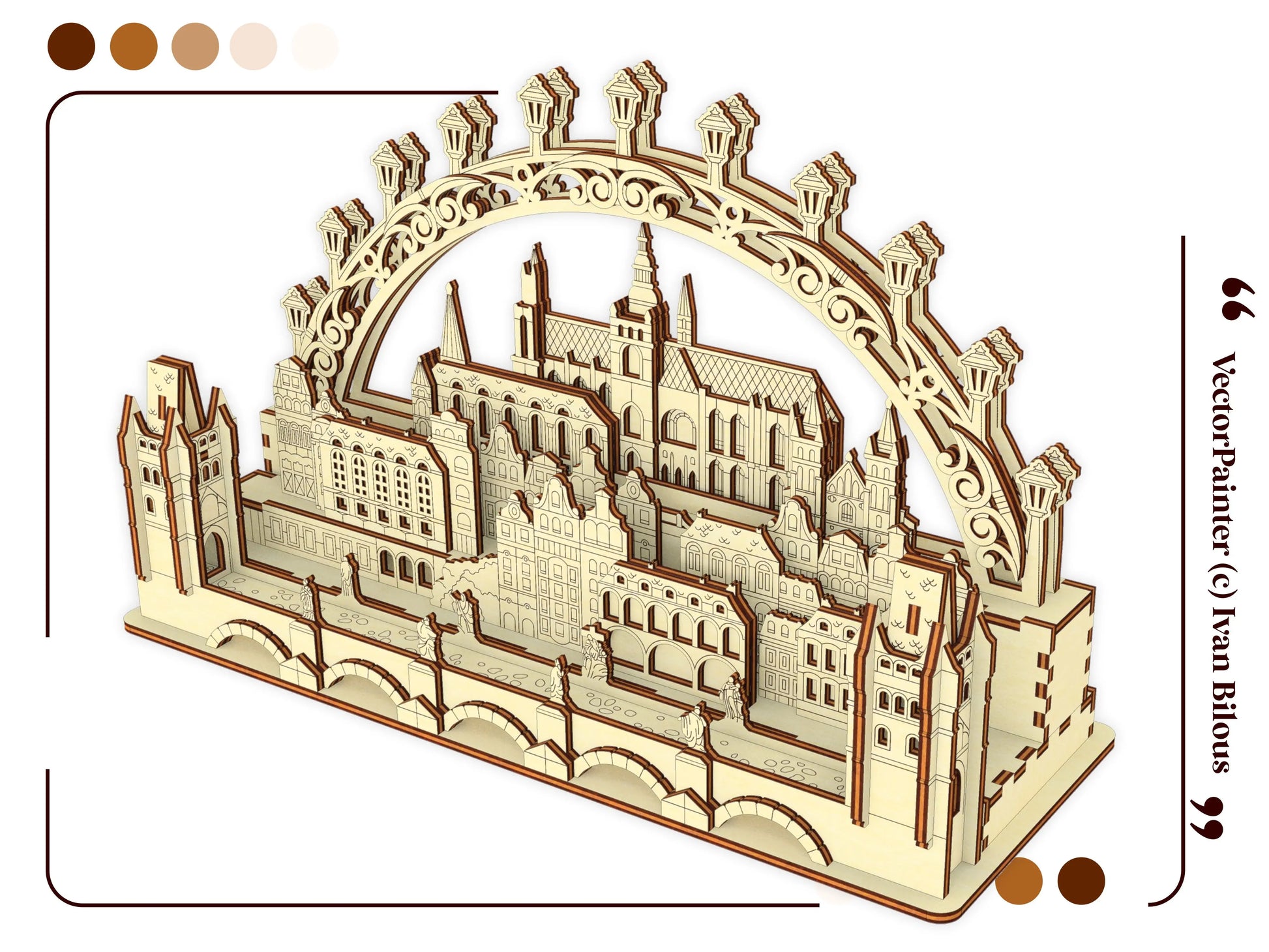 High-angle front perspective template mockup of an assembled Prague city arch centerpiece crafted from laser cut plywood.