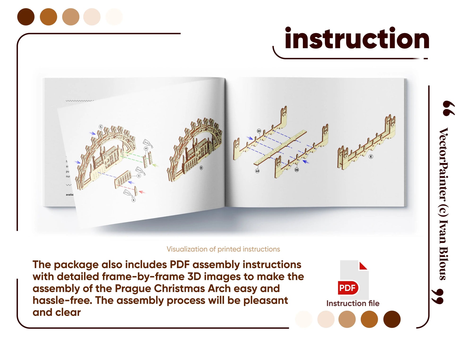 An open assembly instruction manual booklet featuring detailed step-by-step 3D diagrams for a laser cut plywood Prague arch.
