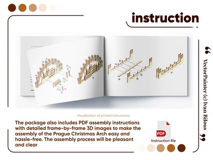 An open assembly instruction manual booklet featuring detailed step-by-step 3D diagrams for a laser cut plywood Prague arch.