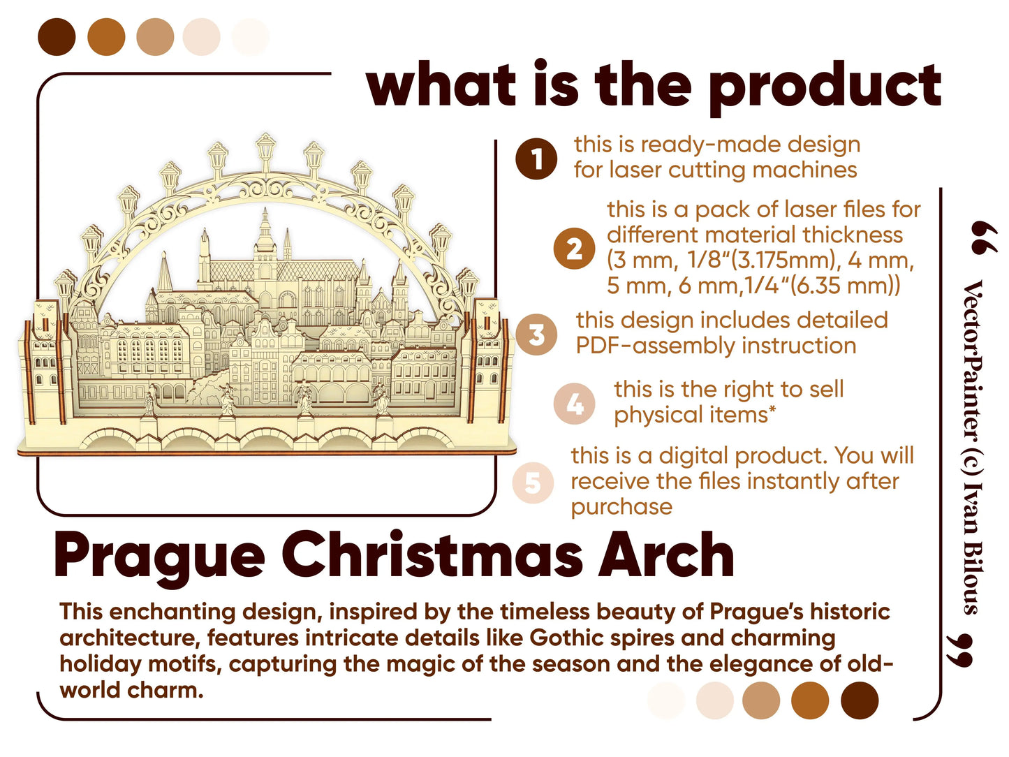 Product details marketing infographic template containing a numbered features list for a 3D laser cut plywood Prague arch.