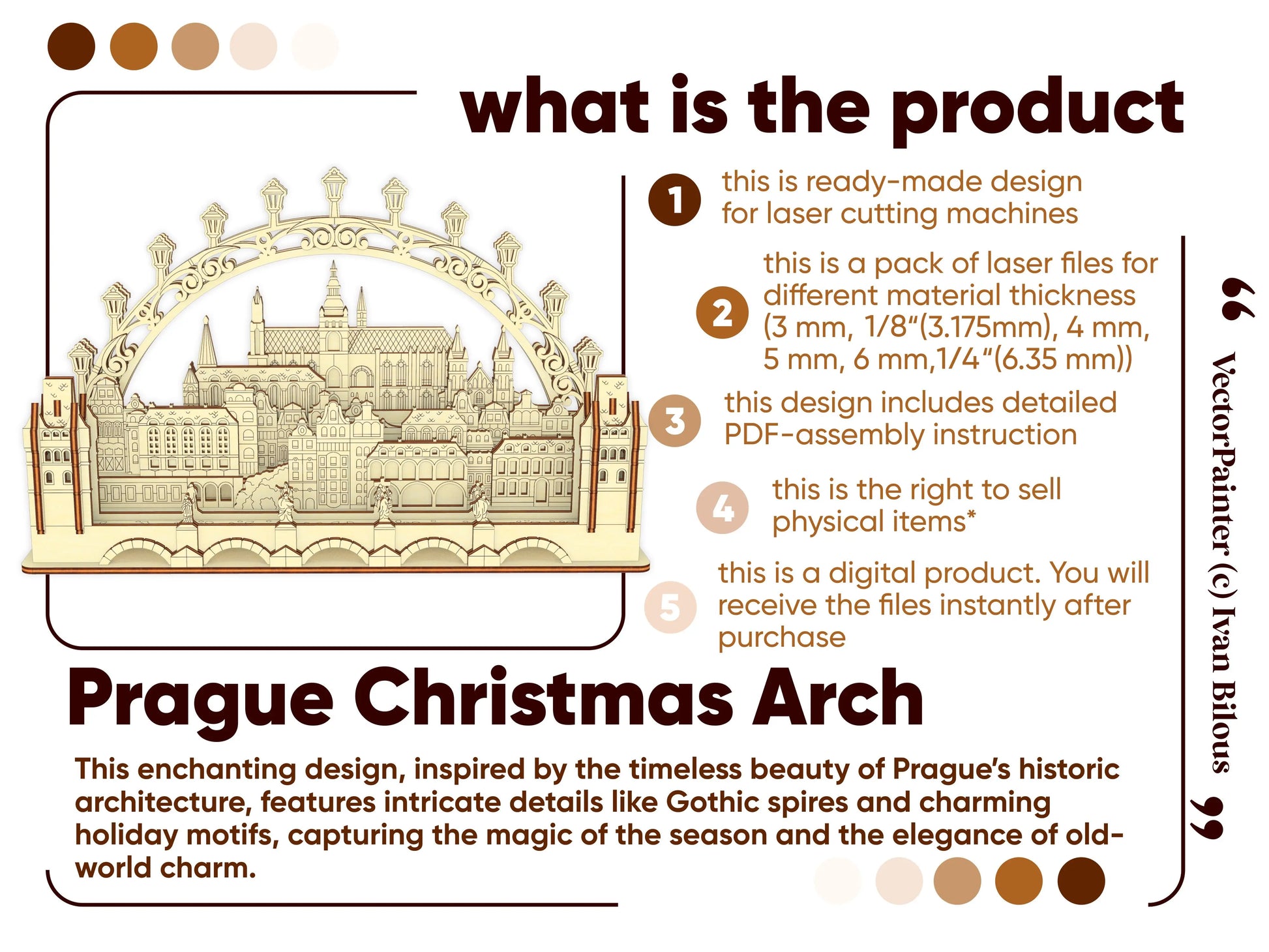 Product details marketing infographic template containing a numbered features list for a 3D laser cut plywood Prague arch.