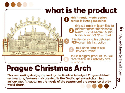 Product details marketing infographic template containing a numbered features list for a 3D laser cut plywood Prague arch.