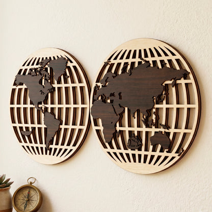 Laser cut plywood hemisphere map wall decor showing 3D layered edges on a wall above a wooden desk with a brass compass.