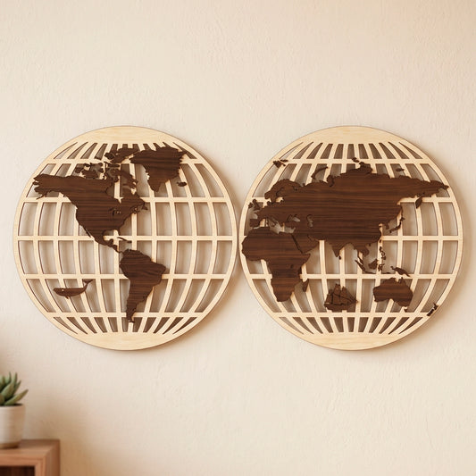 Laser cut plywood round hemisphere world map wall art with dark contrast continents on a light grid backdrop and beige wall.