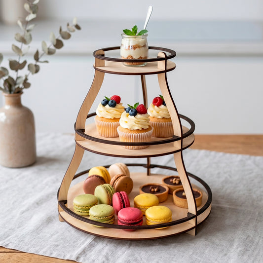 Laser cut plywood three tier round display stand filled with macarons, cupcakes and a dessert jar on a kitchen table.