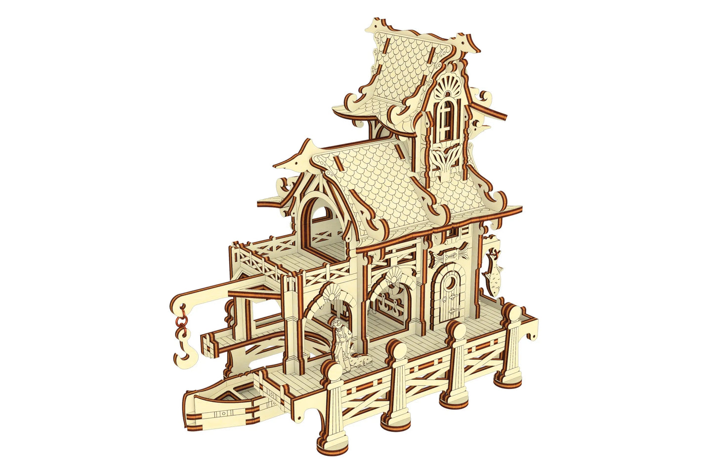 Perspective view of a laser cut plywood sailor house project featuring an integrated cargo crane on a white background.