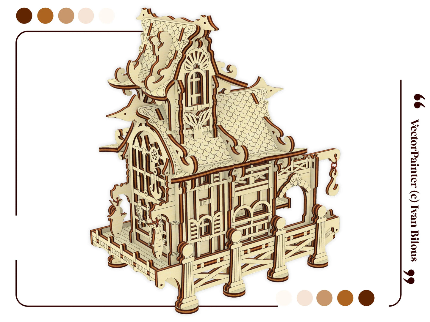 Back side view of a laser cut plywood miniature house featuring engraved fish shapes, steering wheel, and columns.