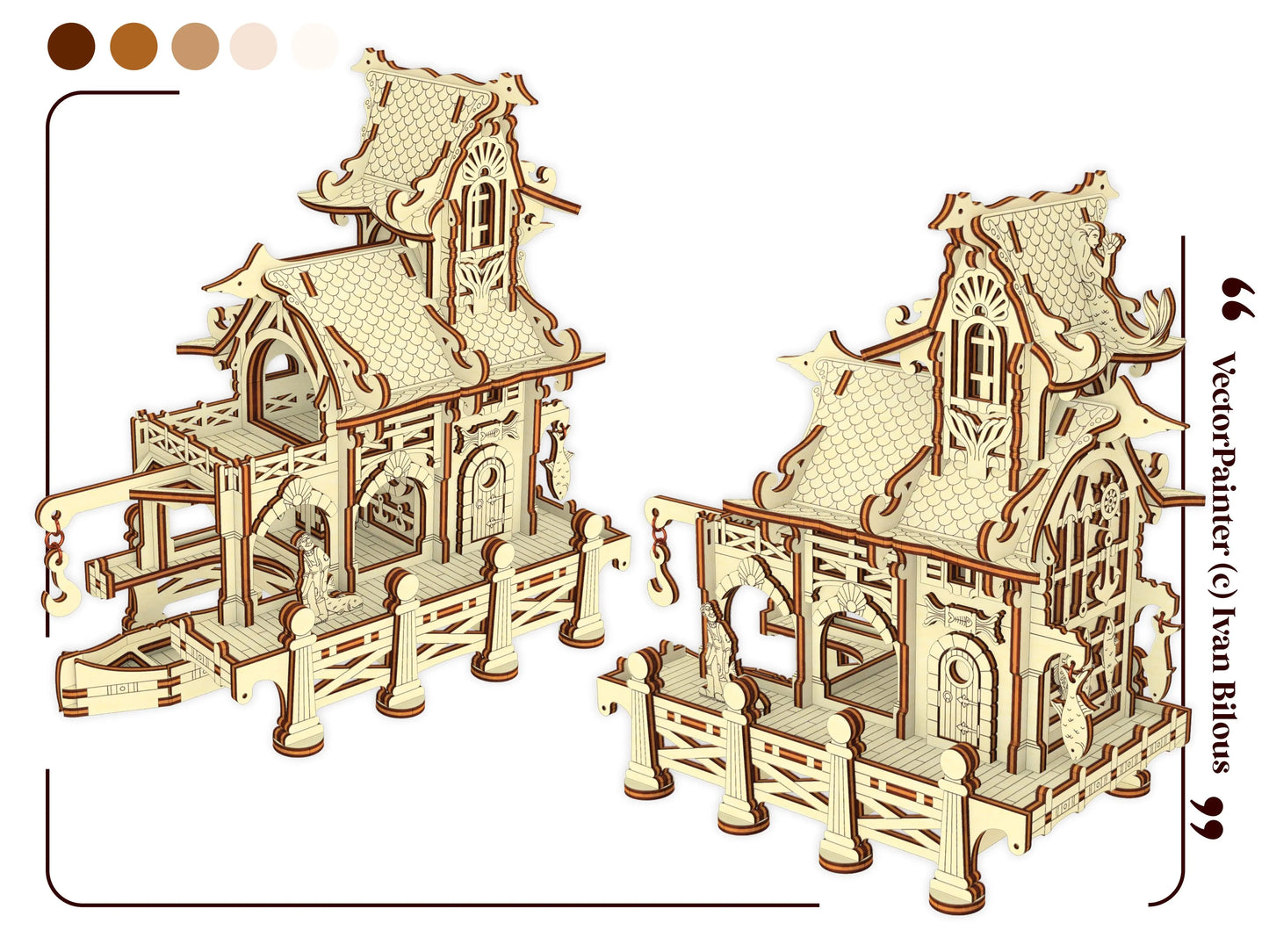 Two perspective views of a laser cut plywood docks model highlighting intricate multi-layered wooden architecture.