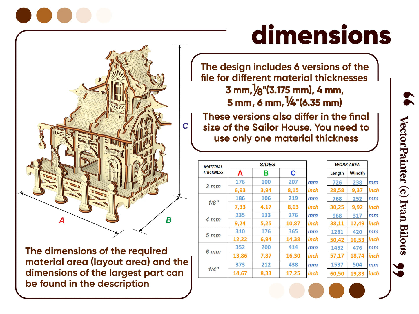 Size chart graphic showing different material thickness options and final dimensions for laser cut plywood house.
