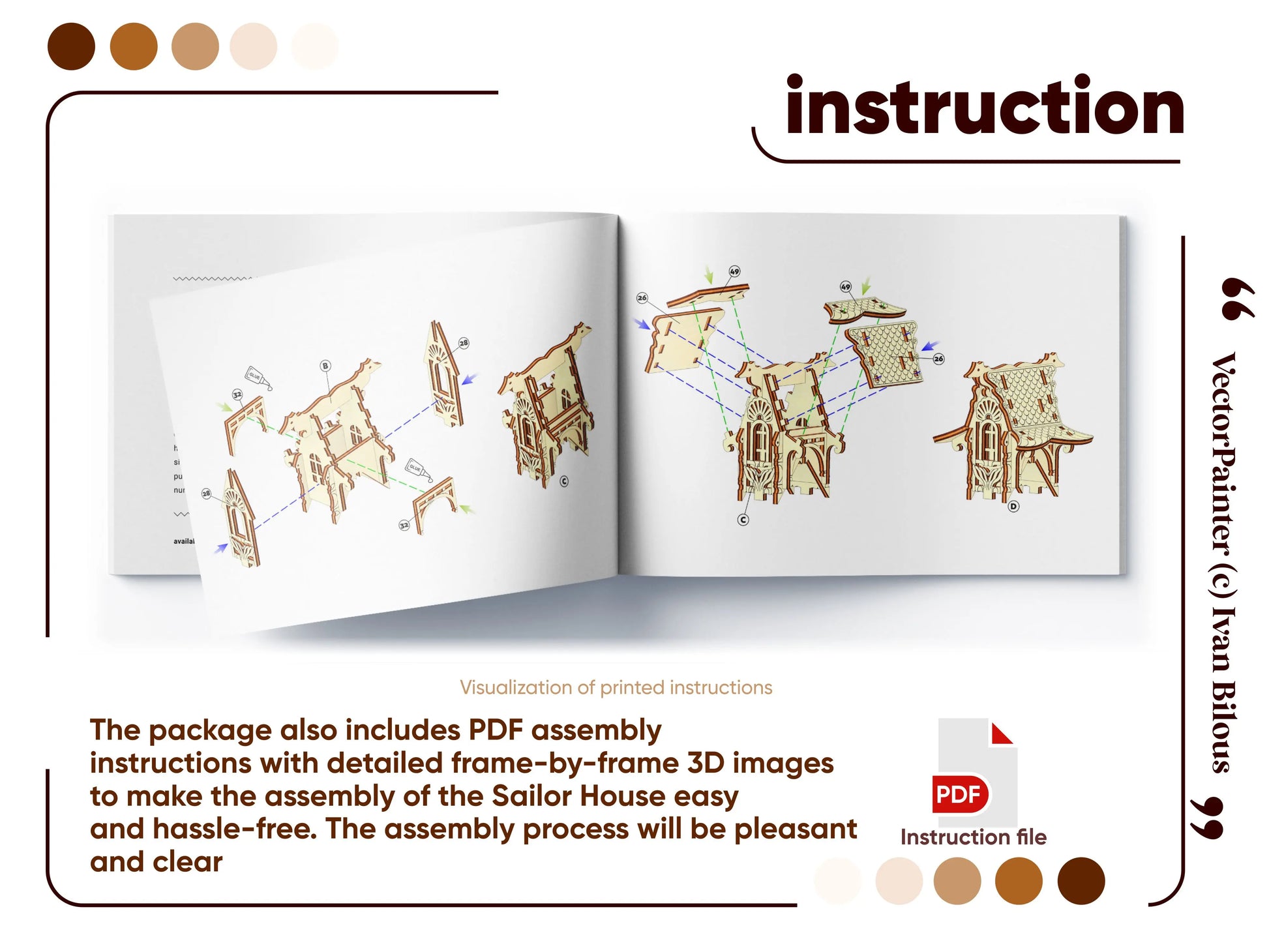 Digital PDF assembly instruction page showing 3D step-by-step diagrams for a laser cut plywood sailor house model.