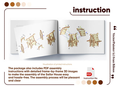 Digital PDF assembly instruction page showing 3D step-by-step diagrams for a laser cut plywood sailor house model.