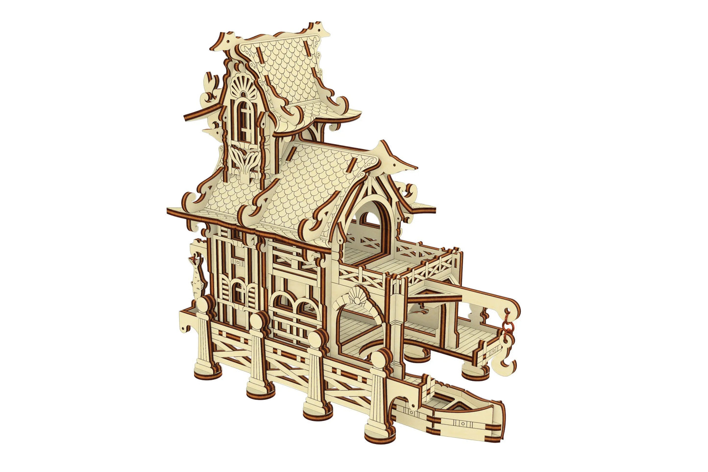 3D sailor house model made of laser cut plywood with a miniature boat, crane, and textured tiled roof on white background.
